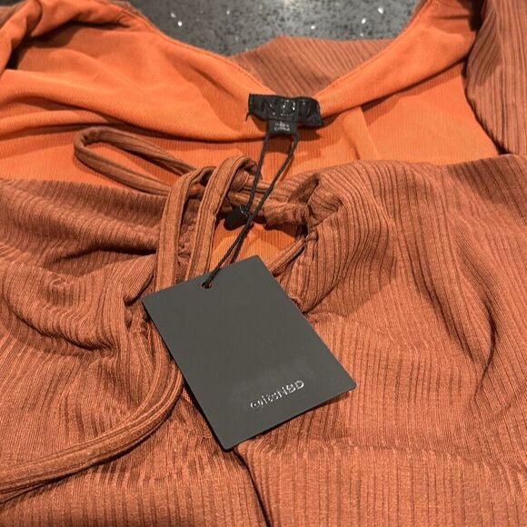 NWT NBD Revolve Halter Neck Peek a Boo Brown Ribbed Long Sleeve Bodysuit Size L - Picture 5 of 9